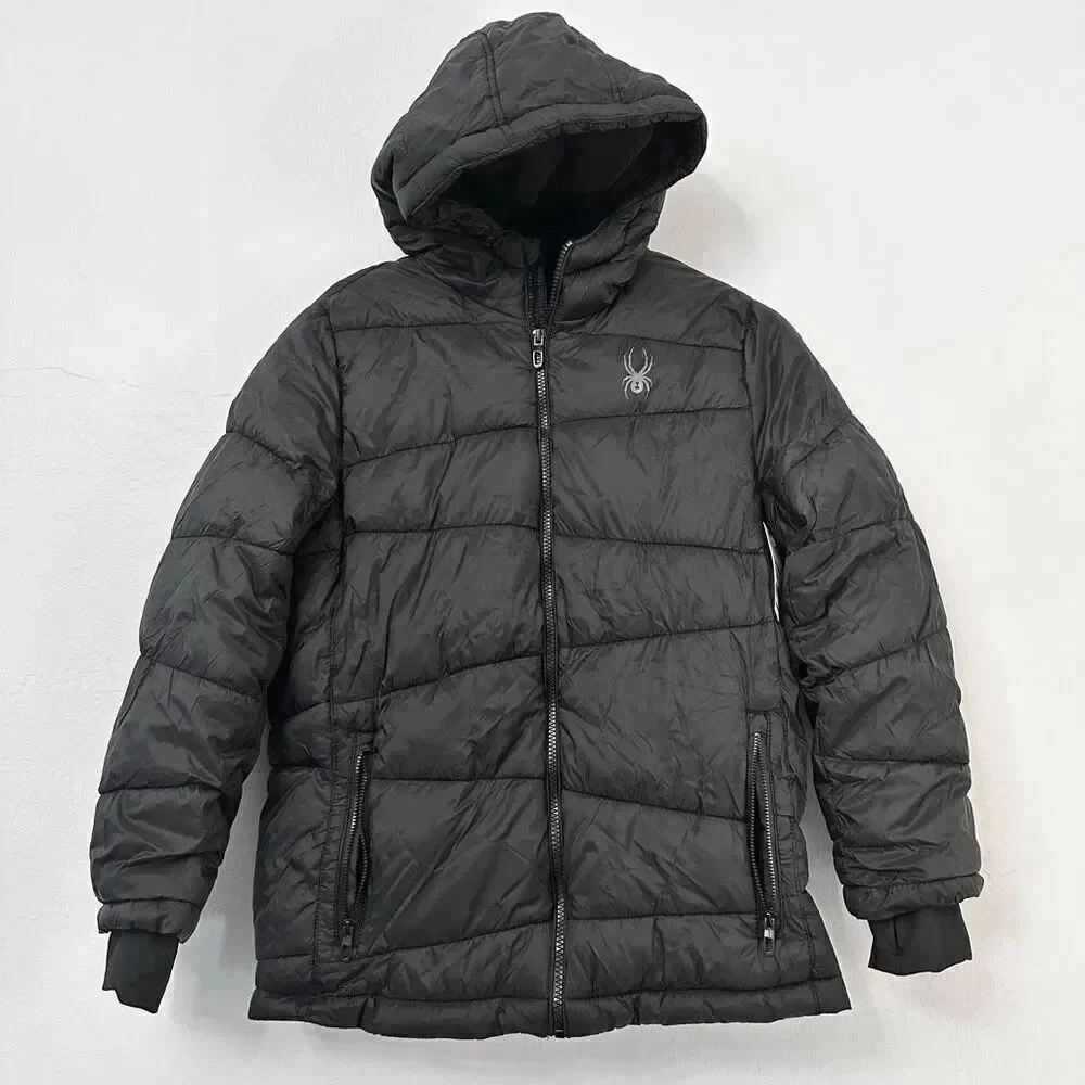 NWT Spyder Girls or Boys Full Zip Hooded Insulated Puffer Jacket Black Size Larg